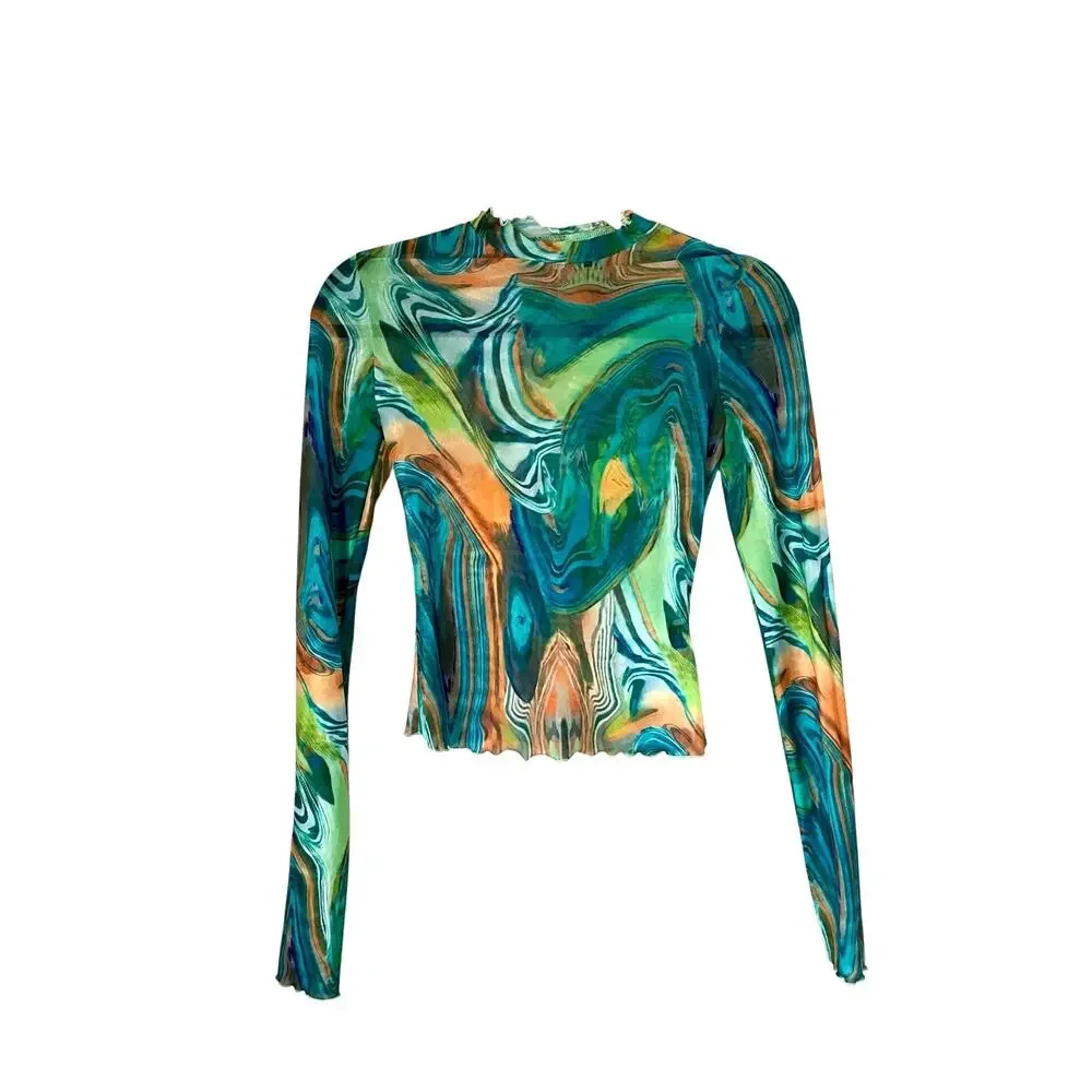 Multicolor Marble Swirl Print Blouse: Y2K, Modern